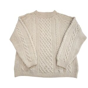 Vintage Scottish Thick Chunky Wool Fisherman Cable Sweater Cream Beige L/XL